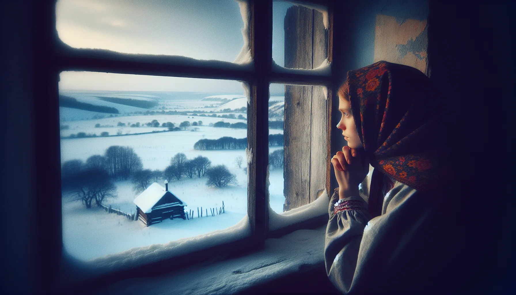 Femme slave contemplative regardant par la fenêtre un paysage hivernal d'Europe de l'Est, incarnant la toska et la profondeur de l'âme slave