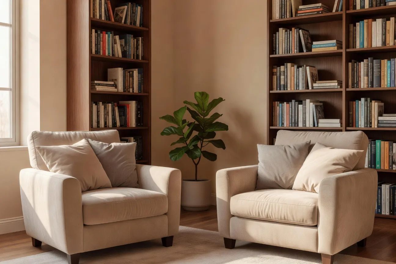 Cabinet de psychologie parisien, deux fauteuils en discussion