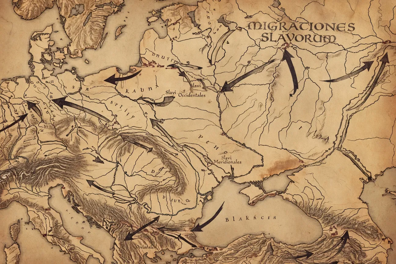Carte ancienne des migrations slaves en Europe entre le Ve et le VIIe siècle