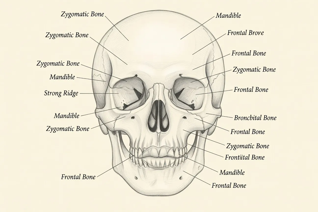 Étude anatomique illustrée d'un visage féminin slave avec annotation des proportions et des traits caractéristiques