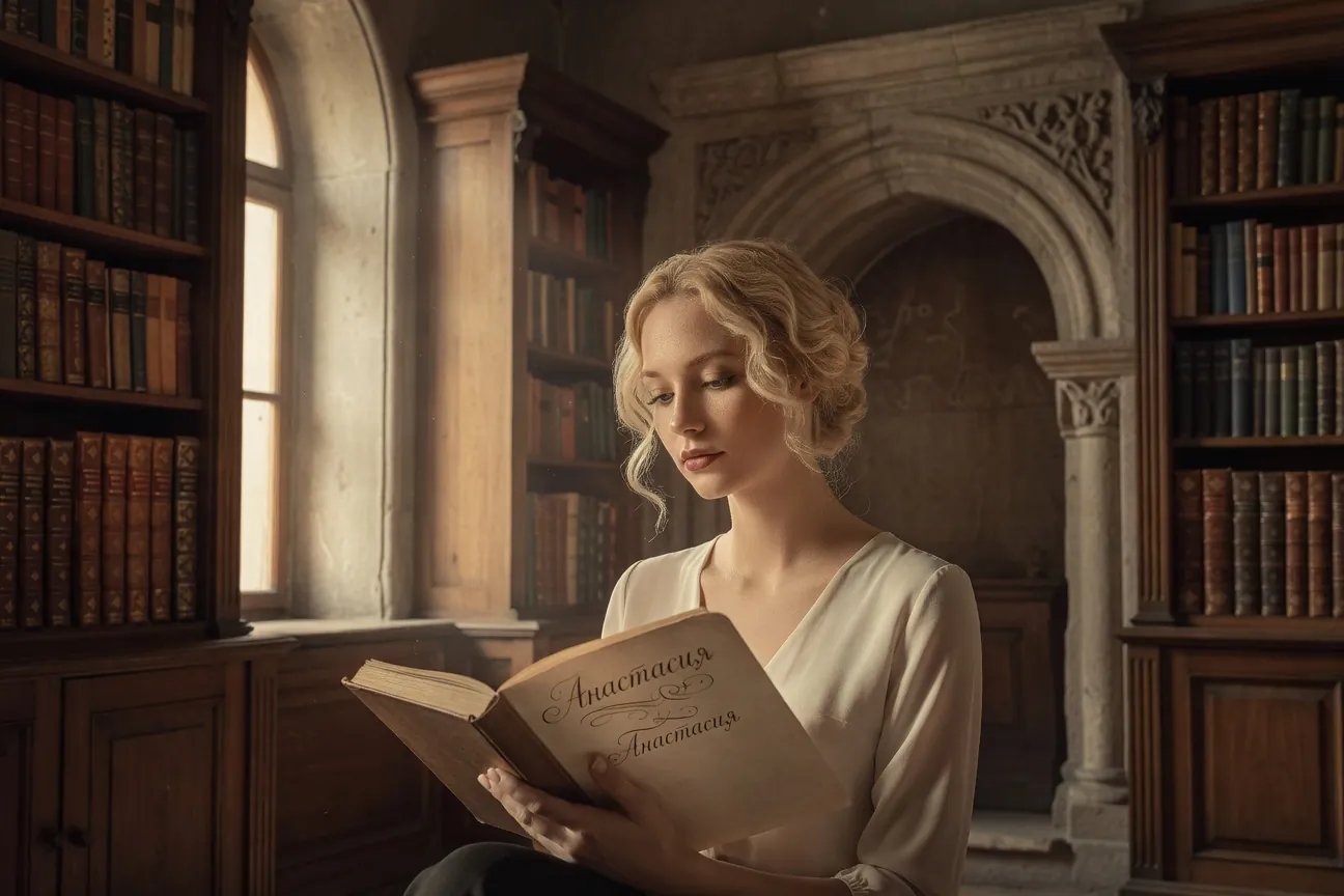 Jeune femme slave portant un nom traditionnel inscrit en cyrillique sur un livre