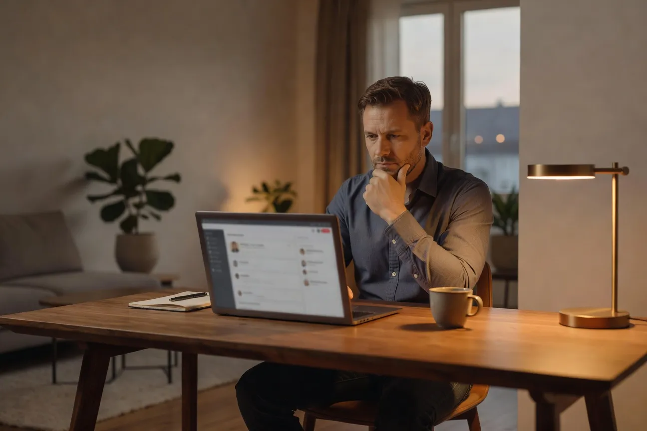 Homme européen consultant des profils sur l'interface d'un site de rencontre international depuis son bureau à domicile