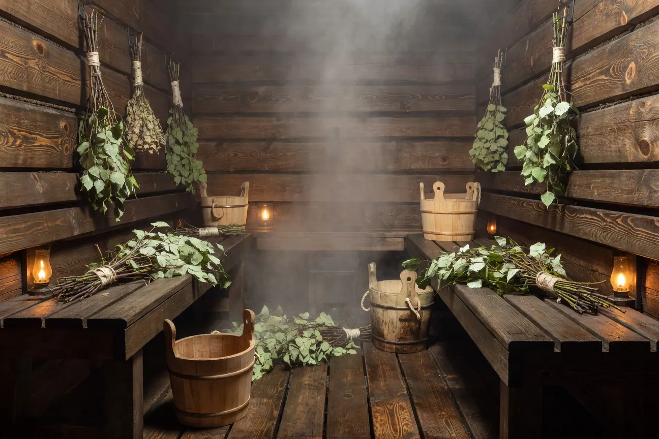 Banya russe traditionnelle en bois avec poêle à pierres et faisceaux de branches de bouleau (venik) accrochés au mur