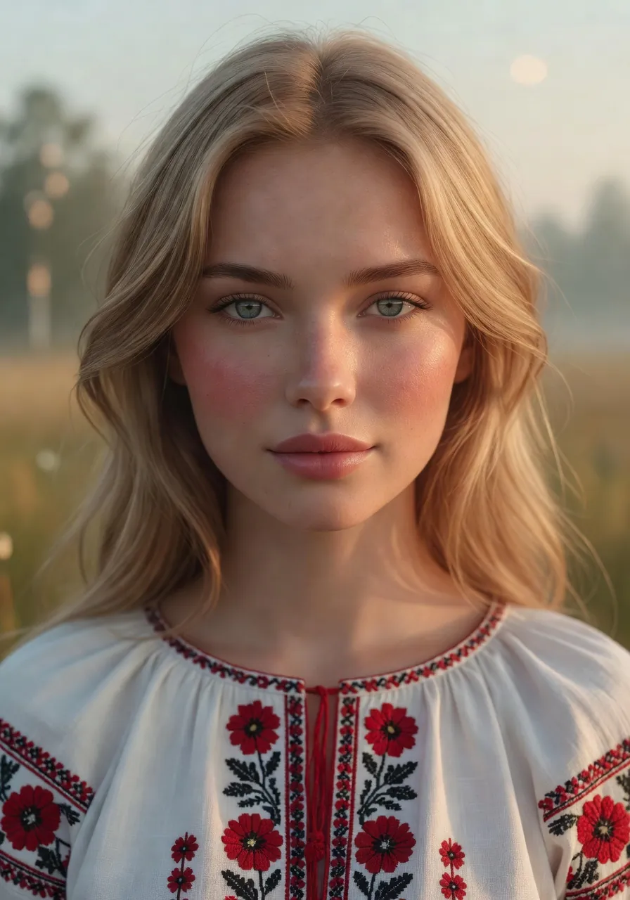 Portrait d'une femme slave aux yeux gris-bleus typiques d'Europe orientale