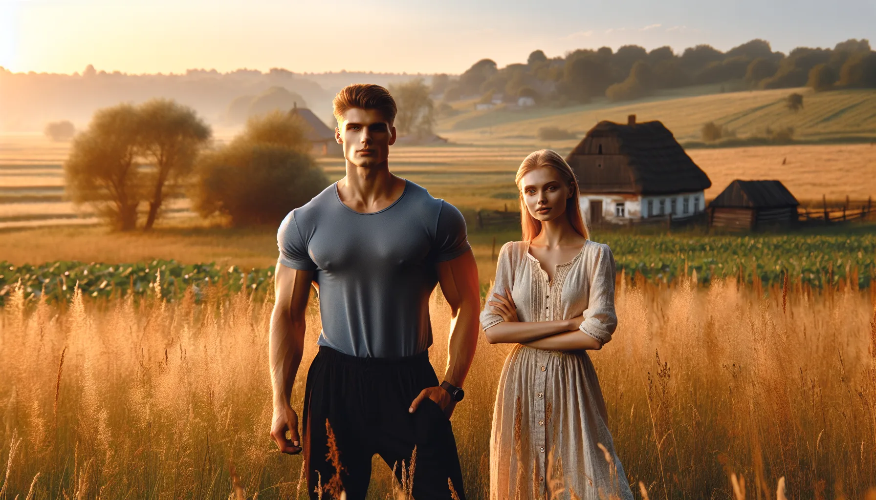 Homme et femme slaves dans un paysage d'Europe de l'Est, montrant le physique typique slave : grande taille, peau claire, constitution athlétique